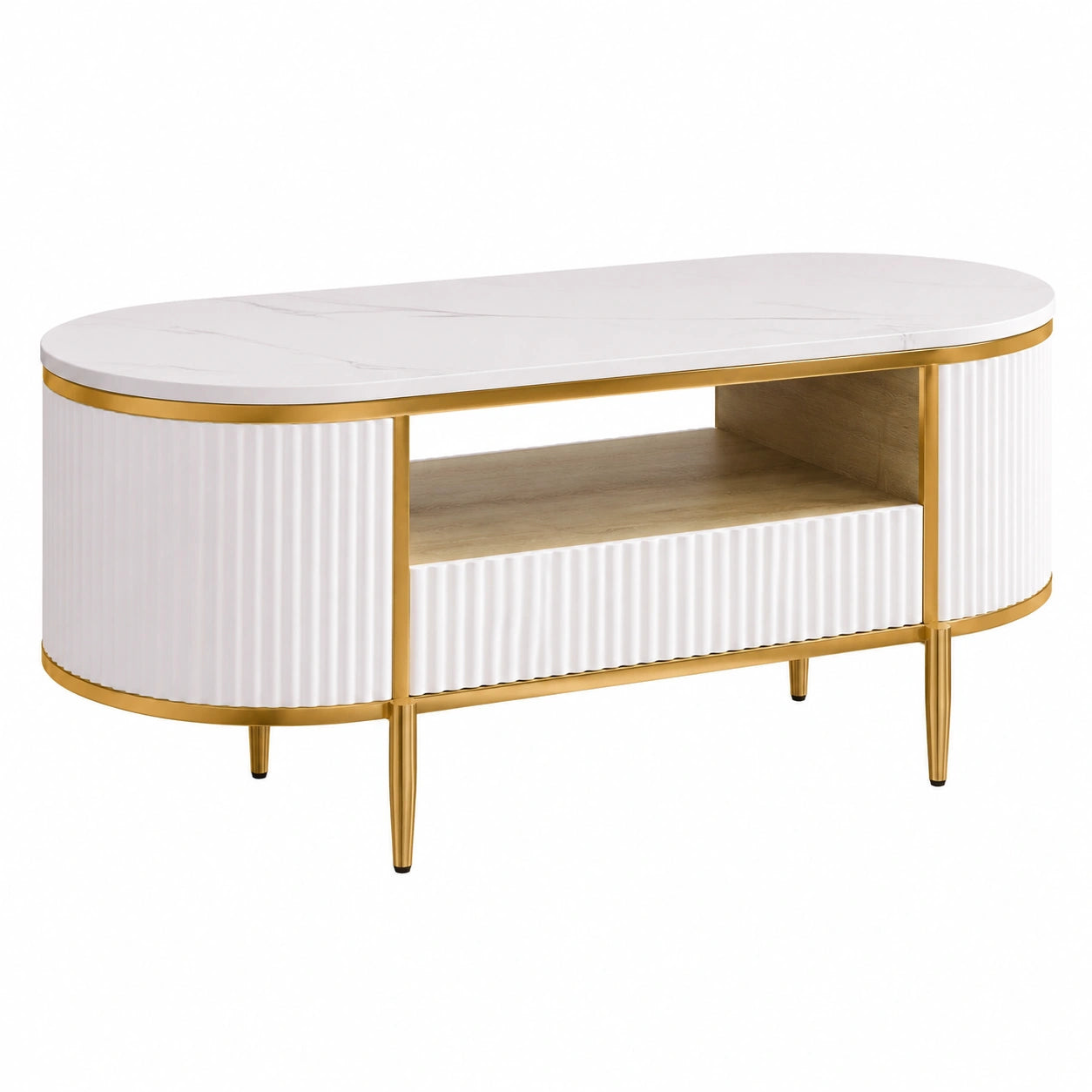 Table basse, avec tiroirs, en métal, coloris blanc et doré, pour le salon