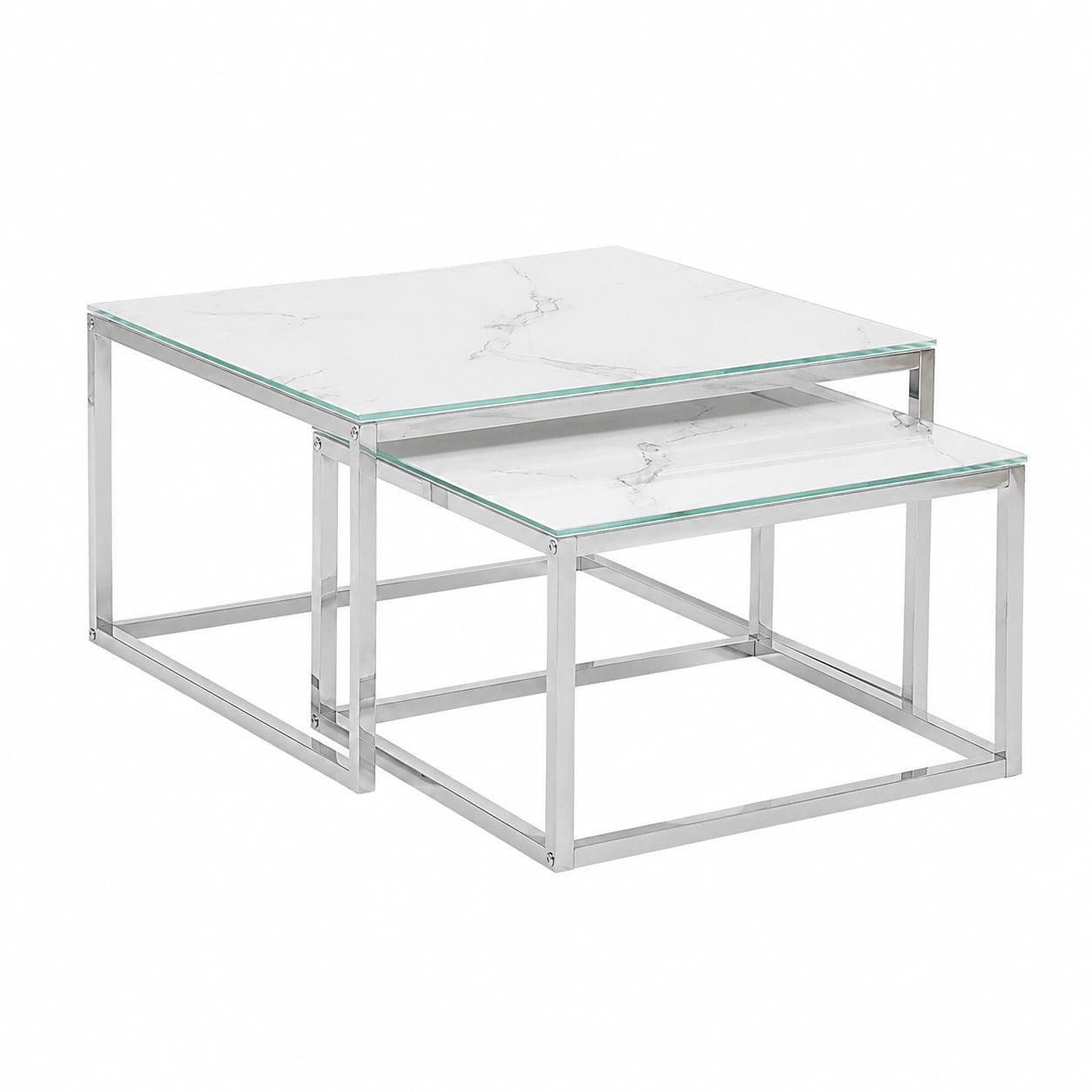 Table basse, en acier et verre, 50 x 60 cm, coloris blanc et argenté, pour le salon